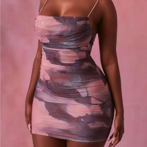 Oh Polly Lunar Sleeveless Ruched Mesh Mini Bodycon Dress